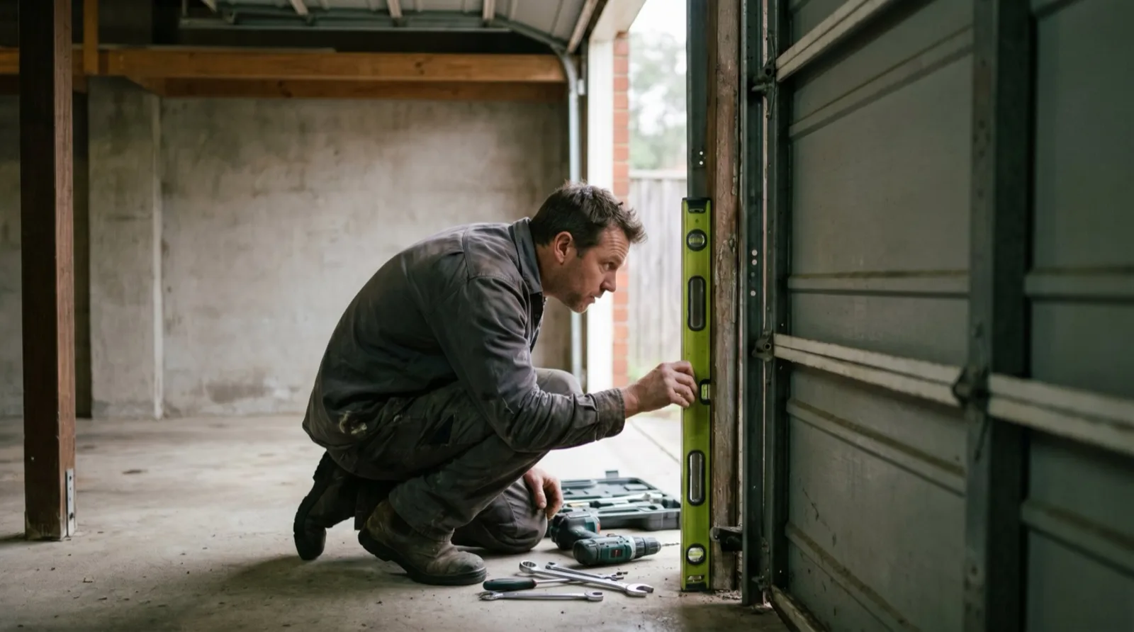 A technician reads a spirit level held against the track of a sectional garage door in an under-house garage