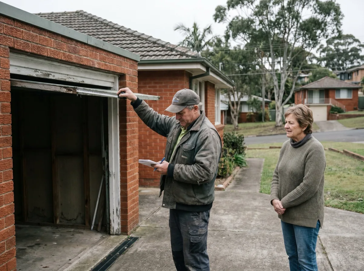 A technician measures the head of a garage opening with a tape while the homeowner watches