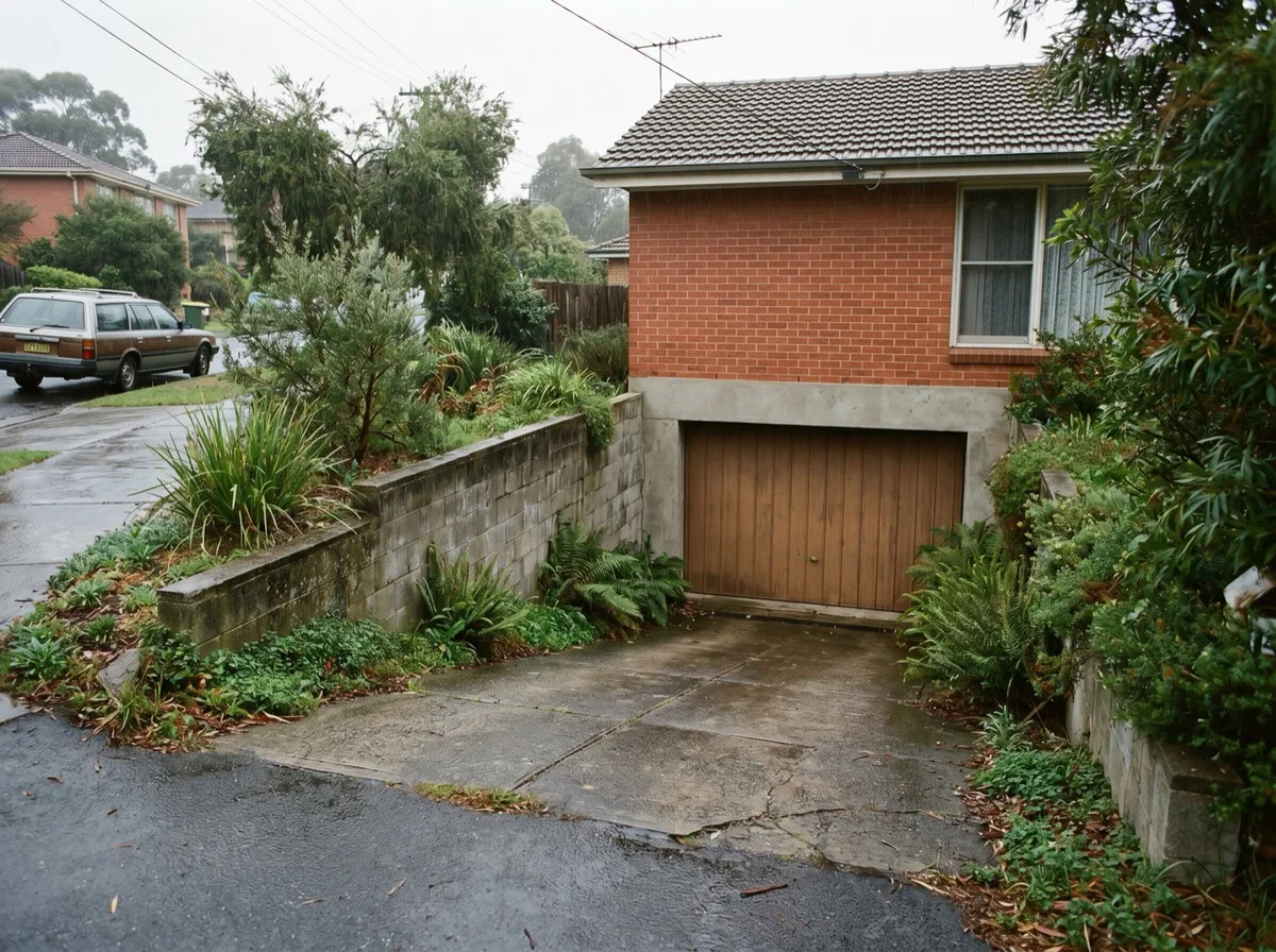 A short steep driveway dropping from the street to an under-house garage beneath a split-level brick home